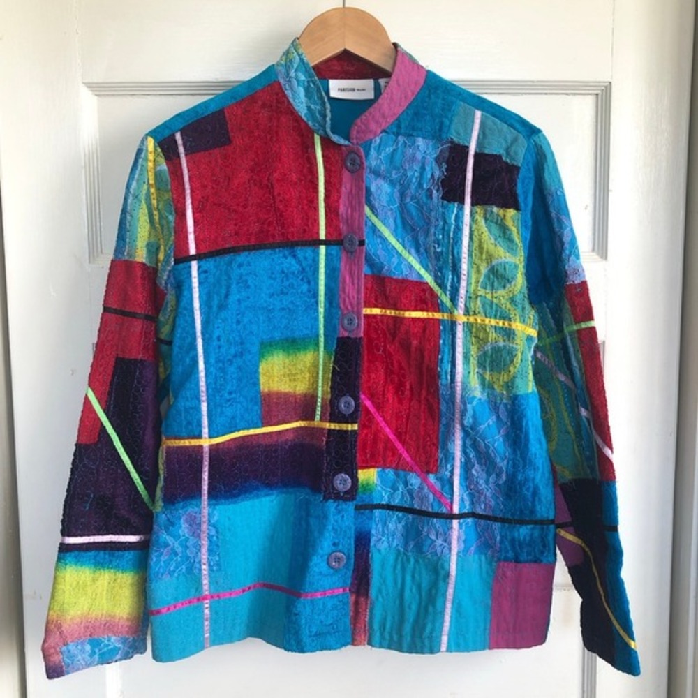 Colorful Abstract Patchwork‎ Shirt Jacket Parisian Works Art To Wear Boho Top S